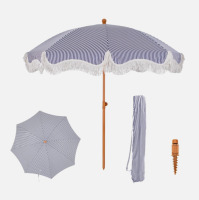 PHI VILLA 7 Ft Beach Umbrella with Fringe Outdoor Patio Portable Blue/White New Shelf Pull $199