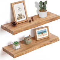 One Allium Way&reg; 24" Solid Elm Floating Wall Shelves Set Of 2, Rustic Heavy-Duty Shelves New In Box $399