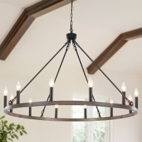 Gracie Oaks Moomal Candle Style Dimmable Wagon Wheel 12-Light Chandelier New In Box $399