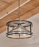 Kichler Stetton 3 -Light Anvil Iron and Distressed Antique Grey Farmhouse Drum Medium Hanging Pendant Light New In Box $299