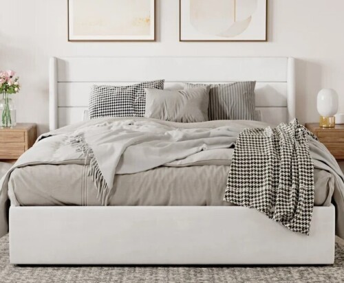 Latitude Run Braya Queen Size Hydraulic Lift Up Storage Upholstered Platform Bed in white New in Box $999