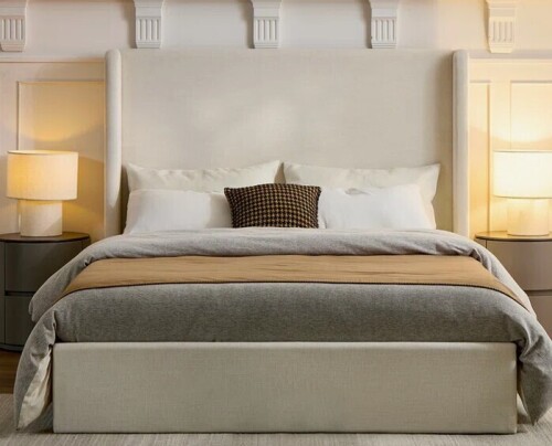 Mercer41 Carmen Upholstered Wingback Bed, King Size, Textured Ivory Canvas Chenille, Minimalist Design, No Box Spring, Easy Assembly, Quiet And Comfortable New in Box $1299
