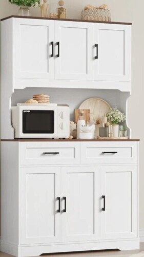Lark Manor 74" H Tall Wood Kitchen Pantry With Microwave Shelf And Drawers New in Box $799