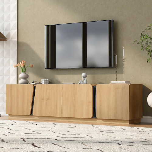 Virubi Modern TV Stand Storage Cabinet with Rounded Corners, TV Consoles with Artistic Irregular Doors, Marble-Look Contrast Top & Adjustable Shelves in Oak New in Box $499