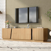 Virubi Modern TV Stand Storage Cabinet with Rounded Corners, TV Consoles with Artistic Irregular Doors, Marble-Look Contrast Top & Adjustable Shelves in Oak New in Box $499