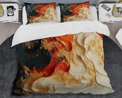 Design Art 3-Piece King Red And Gold Marble Volcano IV - Abstract Painting Duvet Cover Set New In Box $199