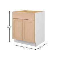 Hampton Bay 27" W &times; 24" D &times; 34.5" H, while Cabinet $499