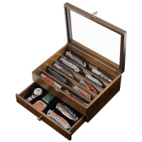 Emfogo Knife Display Case, Knife Collection Display Holder With Glass Lid, 2-layer Wooden Pocket Knife Case With Drawers New In Box $199