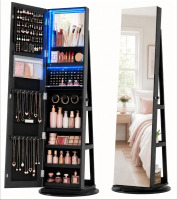 Vlsrka 360&deg; Swivel Jewelry Cabinet with Lights, Lockable Jewelry Armoire Cabinet Standing, Full length Mirror with Storage, Space-Saving Jewelry Armoire Organizer, Black New in Box $299