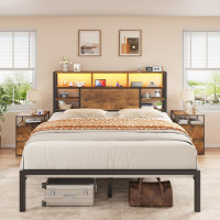 Homkdom King Bed Frame with Storage Headboard, LED Lights & Charging Station Heavy Duty Metal Platform Bed for Bedrooms, 1100 LBS Capacity, No Box Spring Needed, Easy Assembly, Vintage Brown New in Box $599
