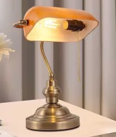 Briignite 15 in. Retro Gold Desk Banker Lamp for Bedroom with Orange Glass Shade Classic Desk Light with Pull Chain New In Box $99