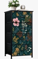 Latitude Run&reg; Dresser for Bedroom with 4 Storage Drawers Vintage Botanical Floral Pink Yellow Blooms Dark Green Dresser Chest of Drawers Steel Framed Fabric Closet Organizer New In Box $299