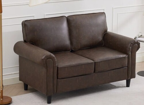 Ebern Designs Luelle 61" Upholstered Loveseat Faux Leather Sofa Rolled Arm in Brown New in Box $799