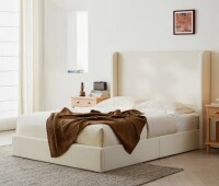 Latitude Run Carmen King Upholstered Wingback Bed Texured Ivory New in Box $1099