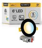 NUWATT 6" Inch Black Canless Recessed Lighting Slim LED Wafer Lights - Wet Rated - 5CCT 2700K-5000K - 1050LM New In Box $79