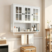 Latitude Run 3-Door Wooden Wall Bathroom Cabinet with Open and Hidden Storage Space, White, New in Box $299