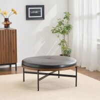 Christopher Knight Home Stratum Modern Upholstered Faux Leather Round Accent Ottoman Iron Base Brown Plus Black, New in Box $399