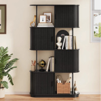 George Oliver 71" H Mid-Century Bookcase, 4 Tier S-Shaped with Storage Cabinet, Black, New in Box $299