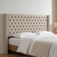 Madison Park Queen Wingback Upholstered Tufted Headboard, Featuring High-Density Sponge Padding, Adjustable Height Headboard, Easy Assembly, Beige Woven New in Box $399