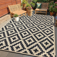 George Oliver Geometric Black and Beige Outdoor Rugs with Cross Pattern, 6' x 9' New In Box $199