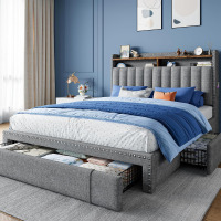 EnHomee Full Size Bed Frame with 2-Tier Storage Headboard & 3 Drawers Upholstered Platform Bed Frame Full with Wooden Slats Support, No Box Spring Needed, Grey New Open Box $399