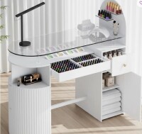 Hokku Designs Manicure Table Nail Station with Tempered Glass Top, Professional Nail Tech Desk with Storage Cabinet & Drawer New in Box $499
