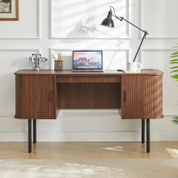 Latitude Run 55'' Computer Desk With 2 Storage Cabinets, Mid Century Executive Desk With Charging Station, Modern Home Office Large Desk With Adjustable Metal Legs, Walnut, New in Box $299