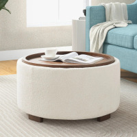Wade Logan Caysey 30.1" W Upholstered Round Storage Ottoman with Wooden Tray, Beige, New in Box $299