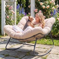 ONBRILL Outdoor Papasan Oversized Comfy Rocking Patio Chair, 450 lbs Capacity, with Thickened Cushion, Indoor Egg Rocking Lounge Chair, Beige, New in Box $299