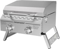 Megamaster 2-Burner Stainless Steel Portable Gas Grill with Built-In Lid, 16,000 BTUs, Foldable Legs, Small Propane Grill for Outdoor Cooking, Camping, Tailgating, Patios, and More - 820-0033M, New in Box $299