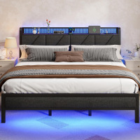 Furnulem King Size Bed Frame with Charging Station and LED Lights, Platform Bed with Metal Slats, Grey Upholstered Headboard with 2-Tier Storage Shelves, No Box Spring Needed in Box $499