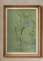 Ashbrook Minimalist Green Water Garden with Abstract Floral Accents &ndash; Premium Framed Wall Art Print on Paper 26"x36" New In Box $299