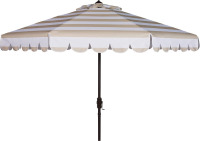 SAFAVIEH Outdoor - Vienna 9-Foot Crank Patio Umbrella - Beige & White Canopy - Brown Aluminum Pole - Single Scallop Trim Design - Ideal for Patio, Deck, Poolside, Backyard (PAT8011A) New In Box $299