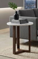 17 Stories Fina 20 Inch Round Side End Table, White Genuine Marble Top, Natural Brown Mango Wood 3 Leg Sled Base Similar to Picture New In Box $299