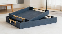 Latitude Run&reg; Decorative Tray Set Of 2 With Gold Handles, Faux Shagreen Leather Serving Trays For Coffee Table, Ottoman, Kitchen And Home Decor, Rectangular Organizer With Velvet Base New In Box $299