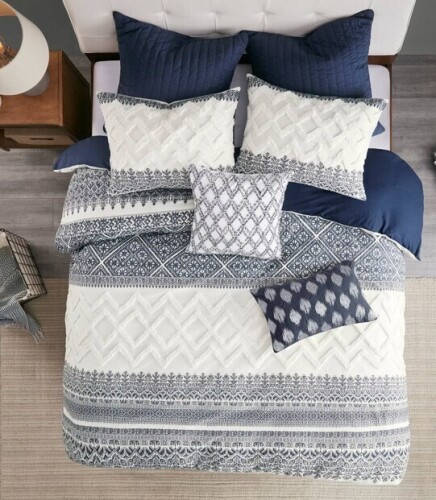 Ink+Ivy 3pc Full/Queen Mila Cotton Duvet Cover Set with Chenille Tufting Navy - Botanical Pattern, OEKO-TEX Certified New In Box $299