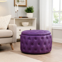 Lark Manor Fully Assembled Round Storage Ottoman with Deep Diamond Tufting and Hidden Storage, Purple PU Faux Leather, New in Box $399