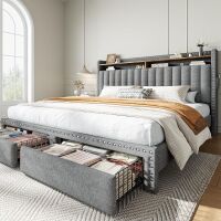 EnHomee King Size Upholstered Bed Frame with 2 Metal Storage Drawers and 2-Tier Vertical Tufted Headboard, 1000lbs Heavy Duty for Bedroom Apartment, No Box Spring Needed,Easy Assembly, Grey New Open Box $699
