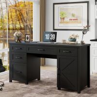 Halitaa Farmhouse 61'' Executive Desk with 5 Drawers, Rustic Office Desk Computer Desk with Charging Station, File Drawers and Storage Cabinet, Wood Workstation for Study and Home Office, (Pure Black.) New in Box $499