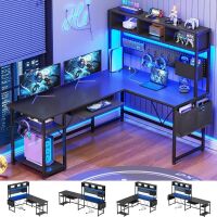 SEDETA L Shaped Gaming Desk with Hutch, 57.5&rdquo; Reversible Corner Computer Desk with Storage Shelves, Gaming Desk with Pegboard, LED Lights, Power Outlet, Keyboard Tray and Storage Bag, Black Similar to Picture New in Box $399