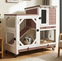 Archi & Oscar Rabbit Cage Indoor Outdoor Bunny Hutch on Wheels, 2 Story Wood Guinea Pig Cages with 2 Deeper Pull Out Trays New in Box $399