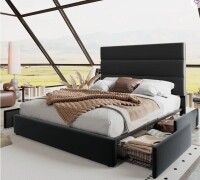 Mercer41 King Size Platform Storage Bed With Wooden Slats And Velvet Upholstered Headboard in Black New in Box $1499