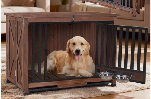 Aivituvin Dog Crate Furniture Foldable Dog Kennel for Small Medium Dogs Large Solid Wood Dog House with Bowl Heavy Duty Dog Cage End Table in Brown New in Box $299