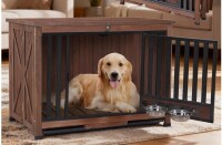 Aivituvin Dog Crate Furniture Foldable Dog Kennel for Small Medium Dogs Large Solid Wood Dog House with Bowl Heavy Duty Dog Cage End Table in Brown New in Box $299
