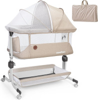 MOMFANN Baby Bassinet Bedside Sleeper, Upgraded Stability Bedside Crib with Full Mesh Sides, Soft Sheet, 6-Height Adjustment, Storage Basket, Easy Folding Portable Bassinet for Newborns, Oatmeal New In Box $299