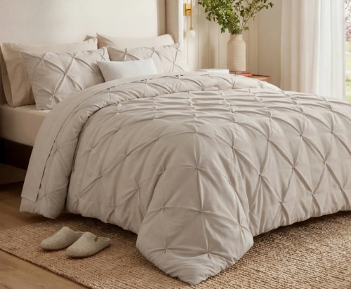 Bedsure 7-Piece Cal-King Pintuck Bed-in-a-Bag- Beige Pinch Pleat Comforter with Sheets, Pillowcases & Shams $299