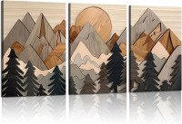 SFXYRTAH Set of 3 Mountain canvas Wall Art Large Forest Wall Decor pictures Woodcut Wooden Landscape poster Prints Abstract Landscape Nature Painting for Living Room Bedroom Office (12x16in canvas) New In Box $99