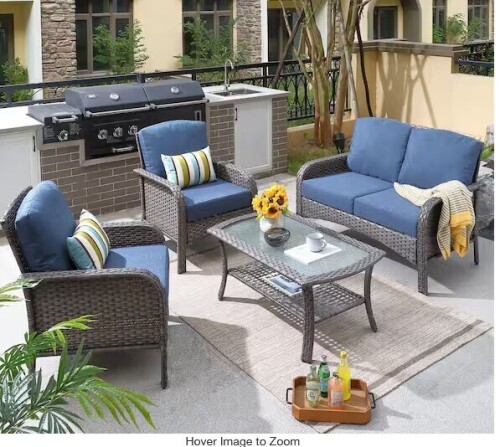 Toject Denali Gray 4-Piece 4-Seat Wicker Modern Outdoor Patio Conversation Sofa Seating Set with Denim Blue Cushions New in Box $899