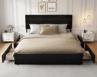Latitude Run Candler King Size Modern Bed With 4 Storage Drawers And Headboard, Velvet Upholstered Platform Bed, Sturdy Metal & Wooden Slats Support, No Box Spring Needed, Easy Assembly in Black New in Box $699