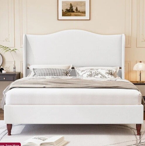 Red Barrel Studio King Size Wingback Platform Bed Frame with Tall Headboard-White New Shelf Pull $699